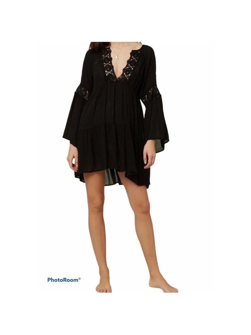 Women’s O’Neill Saltwater Solids Bell Sleeve Swim Cover Up Dress Black Size M